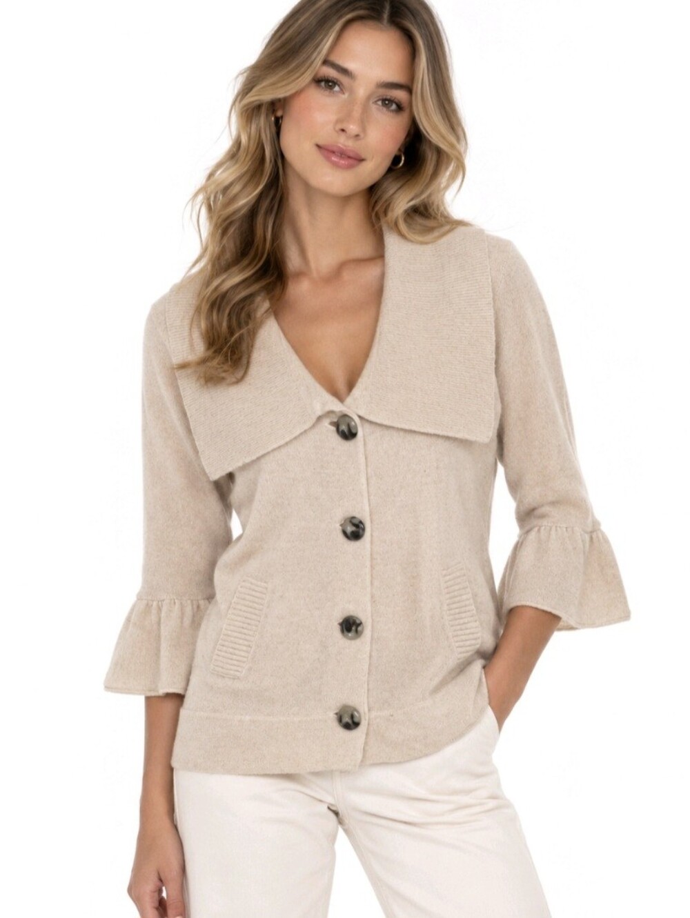 TWG Anthropologie Cardigan 100% Cashmere Ivory 3/4 Bell Sleeve Size M